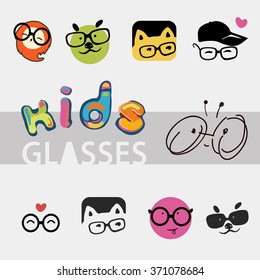 vector icons, logo, for the company of children's glasses, stylized bee, cat, owl, smile, bear in glasses. heart, Kids glasses, bright icons, cap and goggles, different cute and funny images