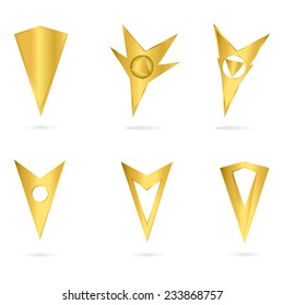 Vector icons or logo. Set gold markers mark to map isolated on white background.