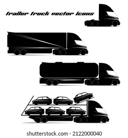 vector icons and logo trucks with different trailers tank container and car transporter 