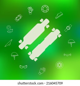 Vector icons for longboard and accessories. Silhouette vector icons for longboard with contour symbols of protection for longboarding or other extreme sport around. Set of icons on green background.