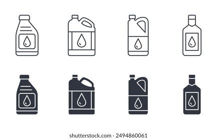 Botella de aceite de máquina de iconos vectoriales. Almacenamiento de aceite y contenedor de transferencia de varias sustancias. Línea delgada de trazo editable y conjunto sólido negro aislado sobre fondo blanco.