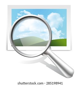 Vector icons of magnifying glass and icons of image, isolated on white background