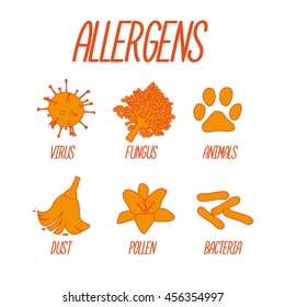 Vector icons major human air allergens. Virus, mold, pollen, animal, dust and bacteria.