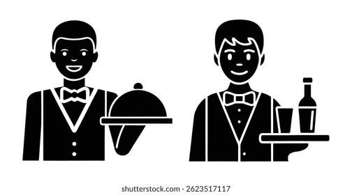 Ícones vetoriais de garçons masculinos em uniforme. Um segura um cloche, o outro uma bandeja com garrafa e vidro. Para temas de restaurantes e serviços. EPS.