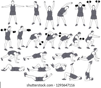 Vector icons of man in costume doing fitness and sport workout isolated on white background. Silhouettes of boy practicing exercises in different positions. Active and healthy life concept.