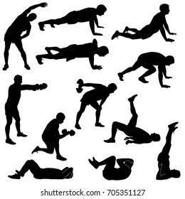 Vector icons of man doing sport exercises isolated on white background. Silhouettes of sportive boy doing fitness workout in different position. Active and healthy life concept.