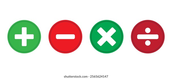 Vector icons with mathematical signs. Plus minus multiply and divide sign isolate in circle on white background. Set of mathematical symbols. Vector illustration 
