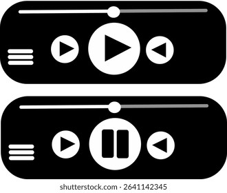 Vector icons of a media player interface with play, pause, forward, backward and menu buttons. 