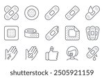 Vector icons medical bandage. Adhesive tape for treatment of light skin cuts, postoperative sutures. Band-aid for skin injuries and wounds. Editable stroke thin line black set. Stock illustration.