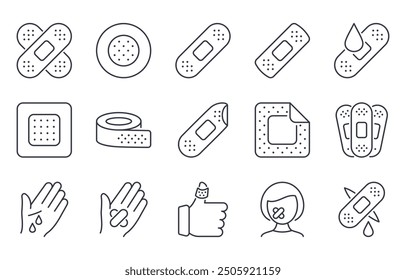 Vector icons medical bandage. Adhesive tape for treatment of light skin cuts, postoperative sutures. Band-aid for skin injuries and wounds. Editable stroke thin line black set. Stock illustration.