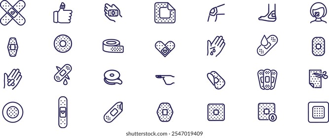 Vector iconos de vendaje médico. Cinta adhesiva para el tratamiento de cortes ligeros de la piel, suturas postoperatorias.