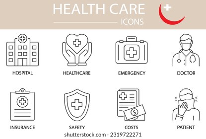 Vector icons medical care. Editable stroke. Hospital safety insurance doctor patient emergency healthcare costs. Stock line illustration on white background
