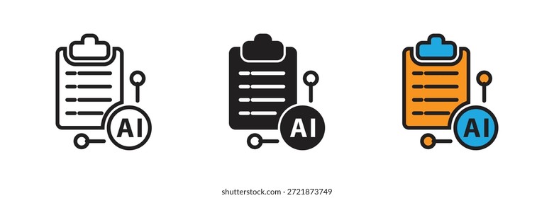 Iconos vectoriales de un Portapapeles médico o de tareas integrado con tecnología de IA. Ideal para informes inteligentes, salud digital y análisis de automatización.