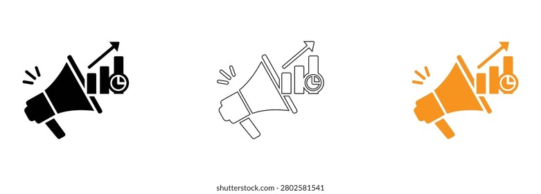 Vector icons of megaphone with growing graph and clock on white background, symbolizing business growth and announcement