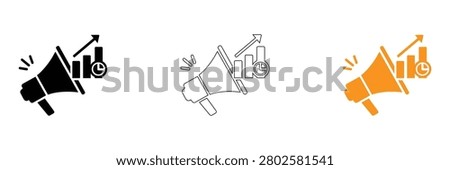 Vector icons of megaphone with growing graph and clock on white background, symbolizing business growth and announcement