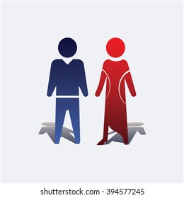 vector icons men in dark blue color with a pronounced waist and women in red evening dress
