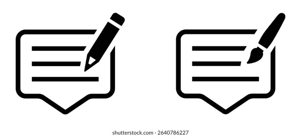 Vector icons of message bubbles with pencil and brush representing editing, writing, and creativity. Perfect for apps, UI, content tools, communication, blogs, and web design.