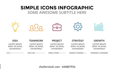 Vector icons minimal infographic, text diagram, flat percents status graph, presentation chart. Business concept with 5 options, parts, steps, processes. 16x9 dark slide template.
