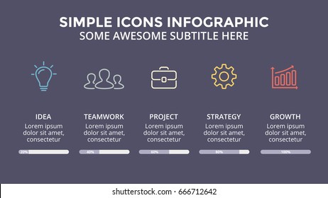 Vector icons minimal infographic, text diagram, flat percents status graph, presentation chart. Business concept with 5 options, parts, steps, processes. 16x9 dark slide template.
