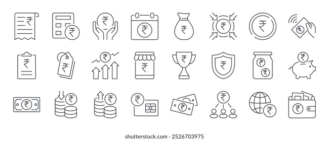 Iconos vectoriales de dinero $. Moneda nacional de la República de la India. Billetes y monedas, Cuentas bancarias, pagos y tarjetas de crédito. Aumento y disminución del valor, el gasto y el ahorro. Trazo editable