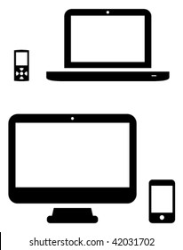 Vector icons of MP3 player, laptop, desktop and phone.