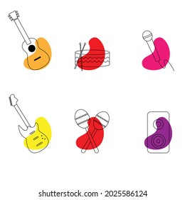 Vector icons of musical instruments: guitar, drum, microphone, electric guitar, musical column.