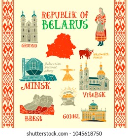 Vector icons with national landmarks and symbols of Belarus