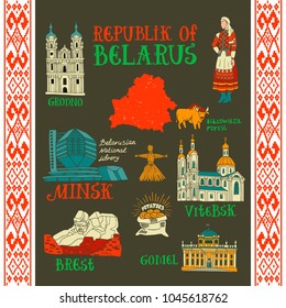 Vector icons with national landmarks and symbols of Belarus