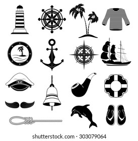 Vector icons and Nautical design elements with sea creatures and symbols