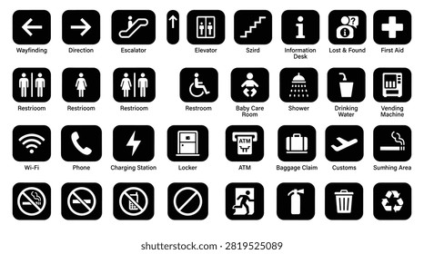 Vector icons for navigation and amenities. Includes wayfinding arrows, escalator and elevator, information desk, lost and found, restroom pictograms, shower, drinking water, and vending machines.