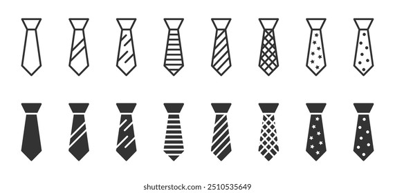 Vector icons of neckties with various patterns in outline and filled styles. Perfect for fashion, clothing, and accessory designs.