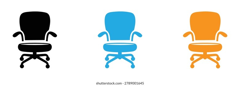 Vector icons of office chairs in black, blue, and orange, perfect for business and design concepts
