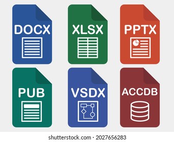 Vector icons of office file formats, such as: docx, xlsx, pptx, pub, vsdx, accdb.