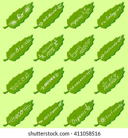 Vector icons on the background of leaves - eco, eco-friendly, bio, middle, ecology, organic. Hand lettering. For vegetarian food and raw food diets. Eco friendly concept for stickers, banners, cards. 