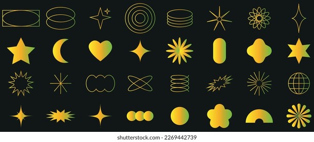 Vector icons on a black background. Collection of abstract geometric symbols in yellow green gradient. y2k style. Elements for the design of notes, posters, stickers, logos, business cards.
