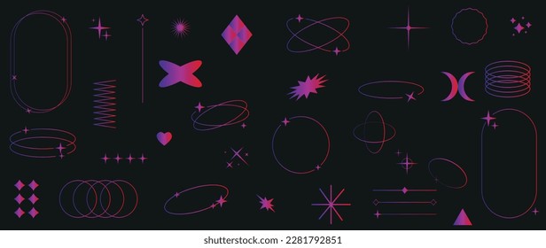 Vektorsymbole auf schwarzem Hintergrund. Eine Sammlung abstrakter Formen in einem hellen Farbverlauf. y2k Stil. Elemente für die Gestaltung von Notizen, Plakaten, Aufklebern, Logos, Visitenkarten.