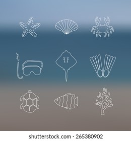 Vector icons on blurred background. Marine elements and diving accessories. 