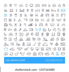 Vector icons on furniture, kitchen, cleaning, household appliances and equipment. 128 linear household icons.