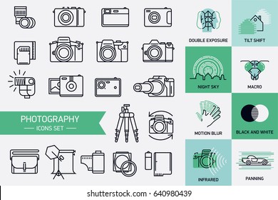 Vector icons on photography equipment, techniques and principles in trendy linear flat design. Design elements on cameras, accessories, double exposure, tilt shift, motion blur, and other photo topics