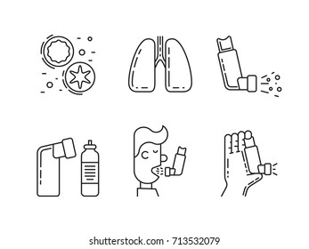 Vector icons on the theme of asthma isolated on white background in outline style
