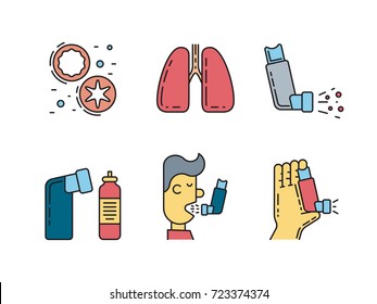 Vector icons on the theme of asthma isolated on white background in outline style.