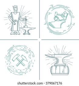 Vector icons on the theme of the blacksmith forge, anvil, hammer on an isolated background. Abstract emblem set for smithing