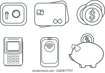 Iconos vectores sobre el tema de las finanzas. Dinero, seguro, terminal de pago