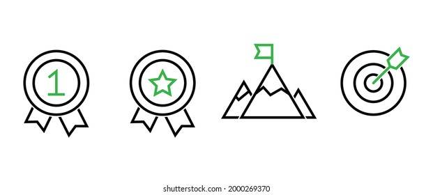 Vector Icons On The Theme: Goal Achievement, Result And Success. Pinnacle With Flag, Medal, Target And Arrow.