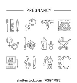 Vector icons on the theme of pregnancy, childbearing and conception. Medical issue of family planning and children. Medical equipment to survey pregnancy and pregnant women.