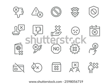 Vector icons on the theme of prohibition and refusal in linear style, editable. This set includes icons with symbols of prohibition, crosses, stop signs, that are easy to use in various projects.