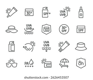 Vector icons on the theme of sun protection in linear style for editing Includes images of sunscreen, hats, sunglasses, and UV protection, ready for use