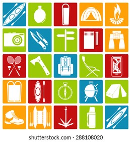 Vector icons on the theme of tourism. Template elements for web and mobile applications. Flat design.