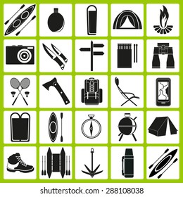 Vector icons on the theme of tourism. Template elements for web and mobile applications. Flat design.