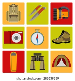 Vector icons on the theme of tourism. Template elements for web and mobile applications. Flat design.